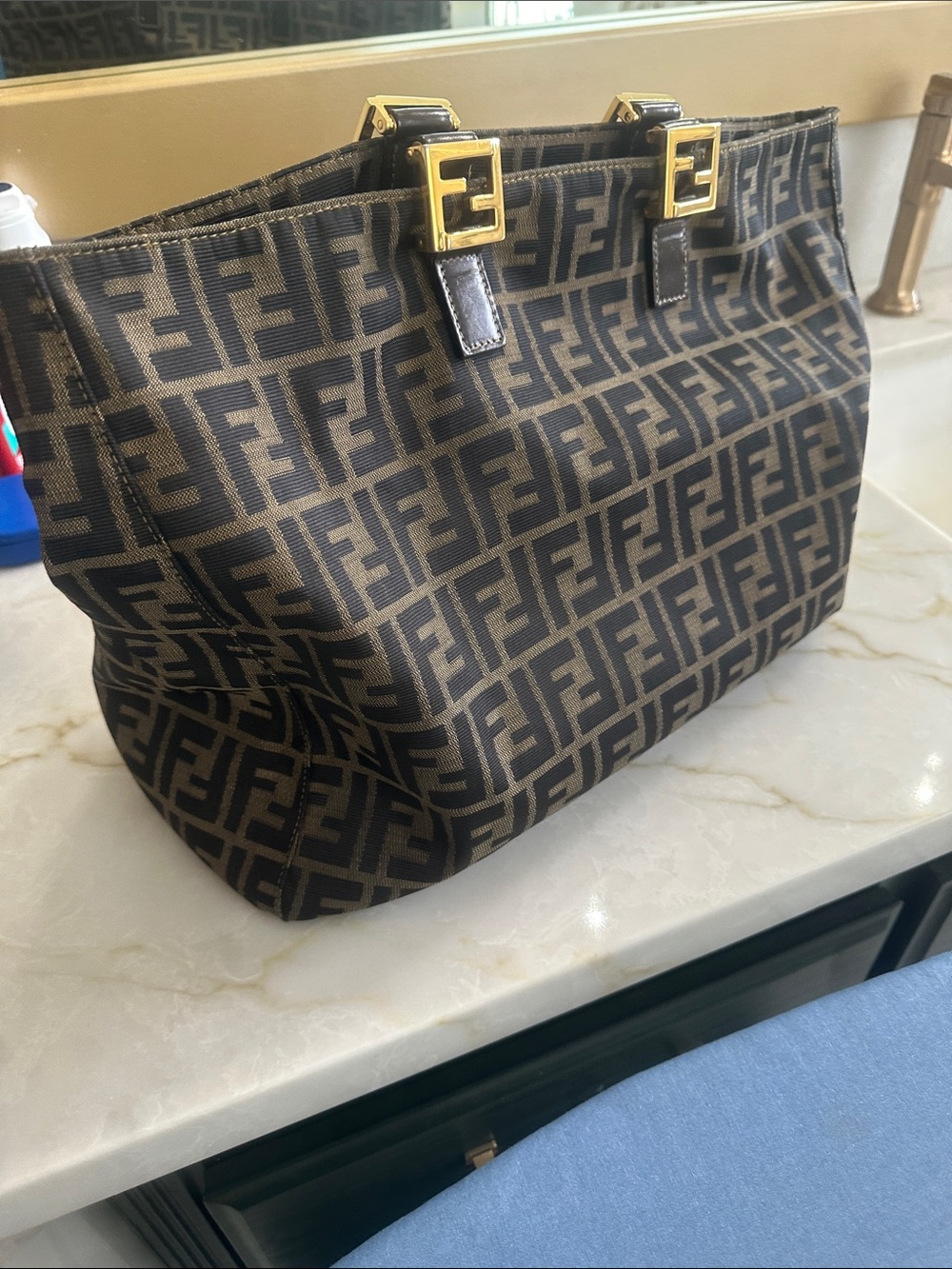 Fendi FF Monogram Shoulder Bag in Brown and Black with Gold Hardware